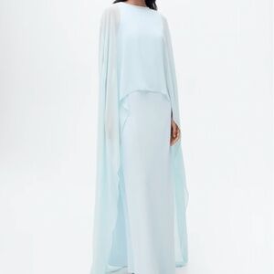 Mango Blue Satin dress with draped back, Long semi-transparent cape 4